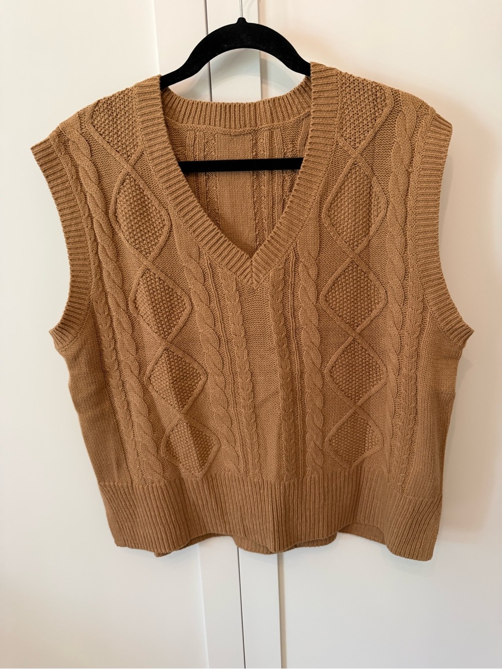 Cable-Knit V-Neck Sweater Vest in Camel